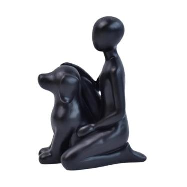 Imagem de FLCPJGV Estatueta de resina para família de homem e cachorro, escultura de vínculo emocional, decoração de mesa, 10x6,5x13,3 cm, Preto