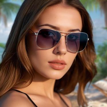 Imagem de Óculos de sol aviador, armação fina, design elegante e leve para mulheres, óculos piloto clássico com lente de policarbonato, Cinza