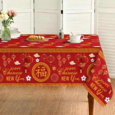 Imagem de Horaldaily Toalha de mesa retangular de ano novo chinês 152 × 300 cm, toalha de mesa vermelha e dourada com lanternas, estampa de fogos de artifício, enseada decorativa de ano novo lunar chinês para