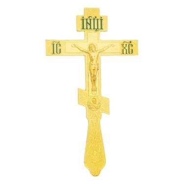 Imagem de RZRHMUHN Cruz de bênção ortodoxa, cruz de mão ortodoxa, crucifixo de metal, presente para padre, batismo, oração, comunhão (verde)