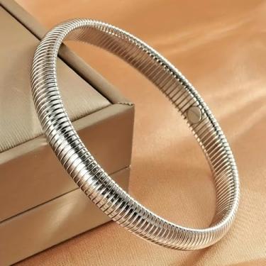 Imagem de 1 pulseira feminina moderna de aço inoxidável com padrão vertical elástico, tom dourado e prateado, joia de declaração de moda, One Size, Aço inoxidável, Sem Pedra Preciosa