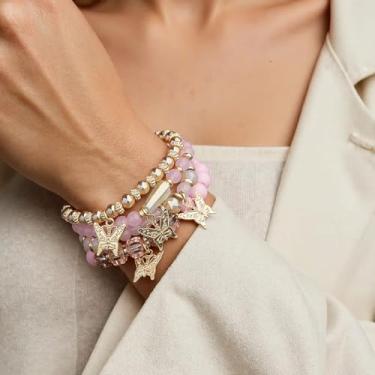 Imagem de Pulseira elástica Boho com contas coloridas empilháveis de contas de cristal modernas bijuterias presentes para mulheres, 4Pcs, Acrílico, Sem Pedra Preciosa