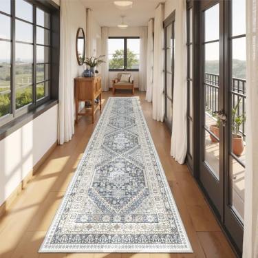 Imagem de Restydon Tapete para corredor de 3,7 m, tapetes de banheiro longos antiderrapantes para cozinha, quarto, tapete macio vintage lavável para entrada, tapete fino para sala de jantar (azul/bege, 6 x 30