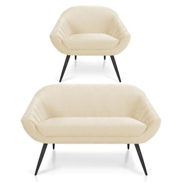 Imagem de Kit 01 Namoradeira 02 Lugares E 01 Poltrona Giovana Veludo Bege Pés Palito De Ferro