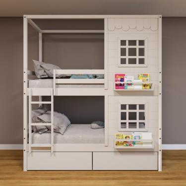 Imagem de Beliche Casinha Reta Com 02 Janelas E 02 Gavetas Madeira Maciça Branco Housin