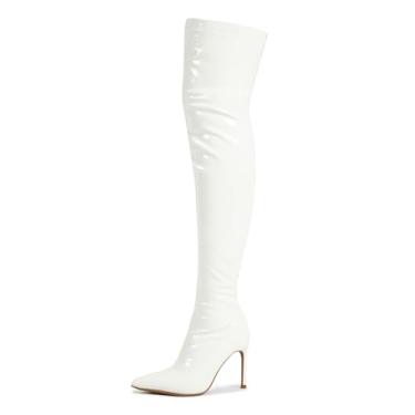Imagem de fereshte Botas femininas de cano alto, bico fino, salto alto acima do joelho, moda confortável e sexy, Branco, 38