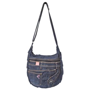 Imagem de Bijoux de Ja Bolsa tiracolo feminina com pregas jeans Upcycled, bolsa jeans feita à mão com alça ajustável e bolso, Azul, Medium