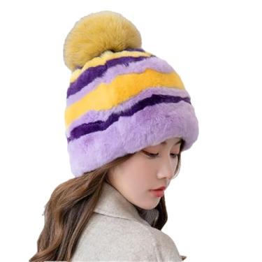 Imagem de Chapéu feminino fofo de pele quente de inverno listrado chapéu de pele decorado bola de pele chapéu roxo tamanho único