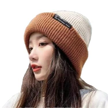Imagem de Chapéu feminino de malha espessa de camada dupla, proteção de orelha, touca de cabelo dupla face com pelo rosto fino, Bege e caramelo, tamanho �nico