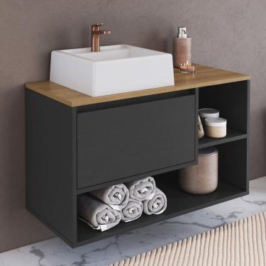 Imagem de Balcão Gabinete de Banheiro Suspenso 80cm 1 Porta e Nichos com Cuba Barcelona Grafite