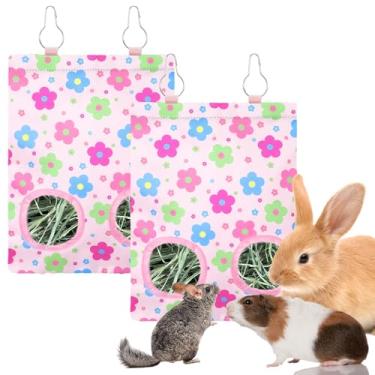Imagem de JarThenaAMCS 2 unidades de bolsa para alimentador de feno de coelho com 2 furos, bolsa de alimentação de feno para pendurar porquinho-da-índia, rosa, dispensador de armazenamento floral para chinchila
