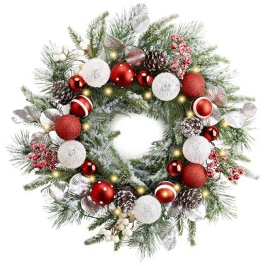 Imagem de Valery Madelyn Guirlanda de Natal pré-iluminada para porta da frente com luzes, guirlanda de Natal grande de 50 cm com bolas de Natal vermelhas e brancas para decoração de mesa ao ar livre e janela de