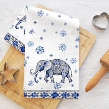 Imagem de Toalha de cozinha com estampa floral azul e elefante boêmio, toalha de prato decorativa de microfibra absorvente, toalhas de mão de waffle para cozinha, casa, banheiro, presentes de elefante