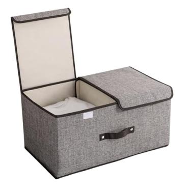 Imagem de Caixa Organizadora Dobrável de Algodão e Linho Cinza com Divisória Ajustável e Tampa Dupla Antipoeira - Armazenamento para Roupas, Casa, Guarda-Roupa