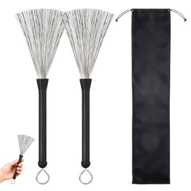 Imagem de 1 par de baquetas de escova de arame, escovas retráteis de tambor com bolsa de armazenamento de cordão para baterista acústico cajon jazz tocando música amante