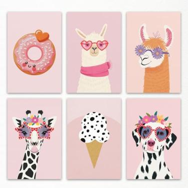 Imagem de 6 peças de arte de parede em tela rosa pastel para berçário, óculos de sol modernos usando pôsteres de animais, imagem de quarto de girafa alpaca kis, sorvete divertido e estampa de donut para meninas