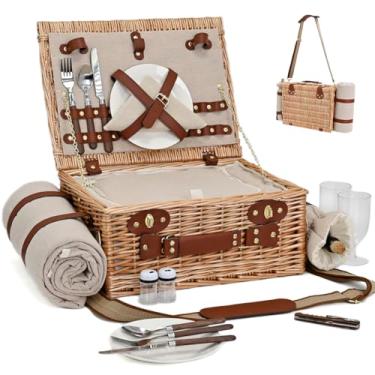 Imagem de Cesta de piquenique com cobertor e bolsa de vinho para 2, conjunto de piquenique de vime com forro isolado, cesto térmico para acampamento, casamento - natural