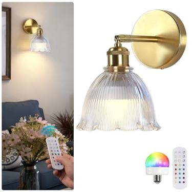 Imagem de Jaenmsa Arandela de parede vintage operada a bateria com abajur de vidro ondulado transparente, luz de parede recarregável, alimentada por bateria, com controle remoto para cabeceira, quarto, banheiro