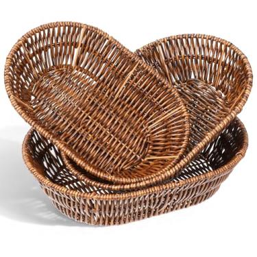 Imagem de IANFAN Pacote com 3 cestas de vime, conjuntos de cestas de pão de tecido, bandejas ovais para servir alimentos, alimentos e vegetais, para servir de exibição, armazenamento, cozinha, restaurante