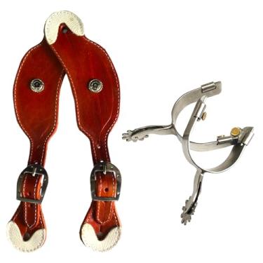 Imagem de Kit Espora Quarto De Milha Inox Com Par de Correia QM Luxo, Couro legítimo, Apliques Decorativos, Acabamento Com Ferragens INOX com alta durabilidade. (Havana)