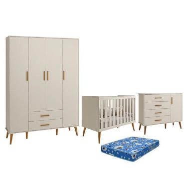 Imagem de Dormitório Infantil Isis Guarda Roupa 4 Portas, Cômoda 1 Porta E Berço Areia Com Colchão - Reller Móveis Areia