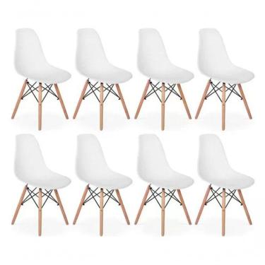 Imagem de Kit Com 8 Cadeiras Eiffel Charles Eames Dkr Base De Madeira, Cor Branca