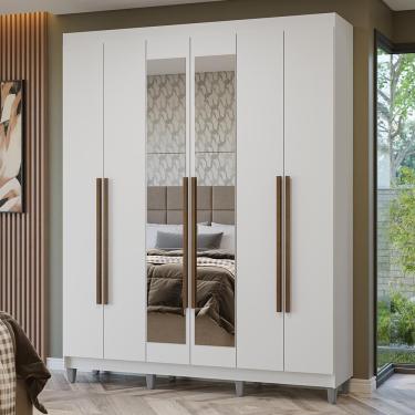 Imagem de Guarda-roupa Casal Com Pés 6 Portas Batentes Com Espelho Branco/branco/rustic Netuno Madesa