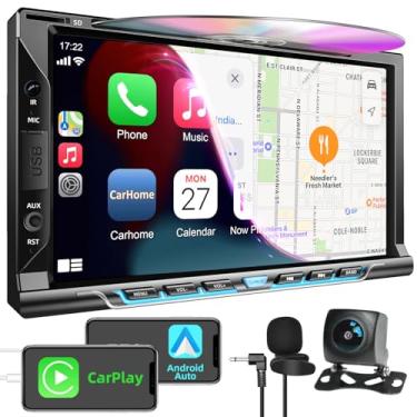 Imagem de Estéreo automotivo Double Din com leitor de CD/DVD, Apple CarPlay/Android Auto 17.8 cm, rádio duplo din com câmera de reserva, link espelhado, Bluetooth, receptor de rádio AM FM, SWC, subwoofer, USB