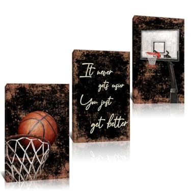 Imagem de Kalormore Conjunto de 3 peças de arte de parede em tela de basquete com tema esportivo inspirador decoração de parede cesta de basquete impressão esportiva para decoração de quarto de meninos