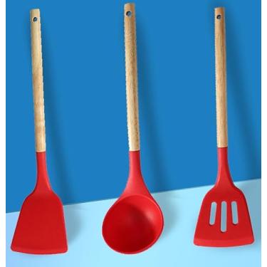 Imagem de Colher de concha de silicone com cabo de madeira, utensílios de cozinha antiaderentes grandes resistentes ao calor para cozinhar, mexer, servir sopas