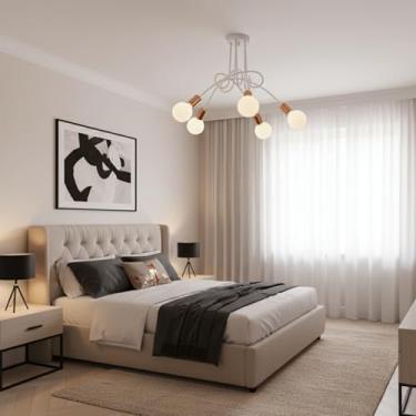 Imagem de Luminária de Teto Plafon Sputnik Assimétrico Laço 5 Candelabro Luxo (Branco/Cobre Verniz)