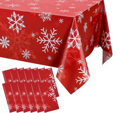 Imagem de VAIPI 12 peças de toalhas de mesa de floco de neve de Natal descartáveis de floco de neve vermelho toalhas de mesa de plástico retangulares de inverno para decoração de festa de Natal, ano novo