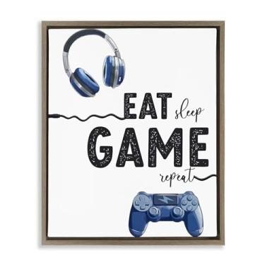 Imagem de Stupell Industries Arte de parede Eat Sleep Game Lifestyle com moldura dourada flutuante, design de Christine Simpson Art, 80 x 63 cm