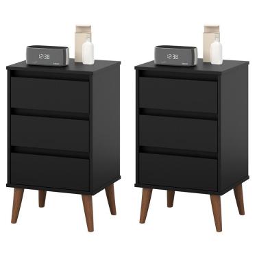 Imagem de Kit 2 Mesas De Cabeceira Wood - Mdp 3 Gavetas Corrediças Metálicas Preto - Movelove