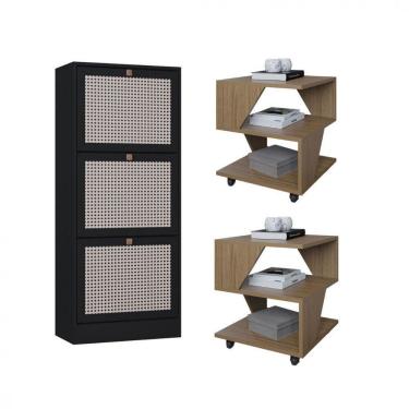 Imagem de Kit Sapateira Spin Tropical 3 Portas E 2 Mesas De Cabeceira Carvalho-preto