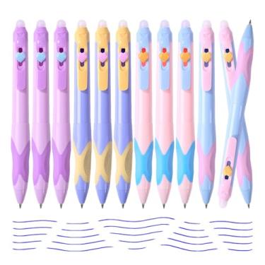 Imagem de ArvezVoy 12 peças lindas canetas de gel apagáveis retráteis, caneta de tinta azul de 0,5 mm de ponta fina com borracha, aderência confortável para escrita suave, anotações, agenda, palavras cruzadas