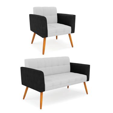 Imagem de Sofá Namoradeira e Poltrona Pés Palito Castanho Elisa Preto/Linho Cinza A05 D03 - D'Rossi