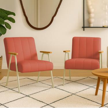 Imagem de Poltrona Sala Decorativa Industrial Preto Kit 2 Laurita Linho Salmão K01 - D'Rossi