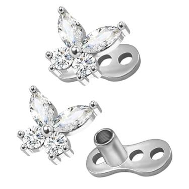 Imagem de CHARMONLINE 2 peças 14G coração flor borboleta âncora dérmica top 316L aço cirúrgico delicado cristal microdérmico piercings corporais brincos punk joias personalizadas para mulheres, 14G, Aço