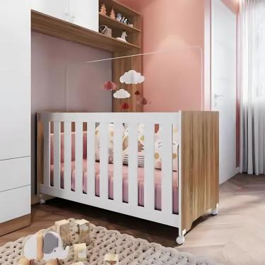 Imagem de Berço Em Mdf Com Rodízios E Mosquiteiro Nogal Branco E Oak