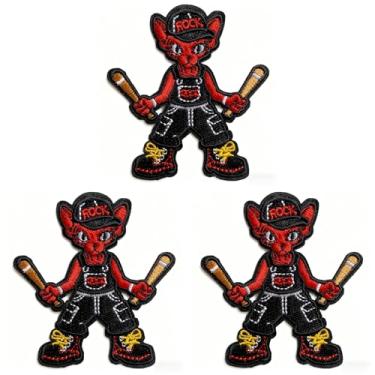 Imagem de U-Sky Costurar ou passar a ferro em remendos bordados | Design de gato Rockstar Sphynx com baquetas e boné de rock | Tema musical para jaquetas jeans bolsas chapéus | Pacote com 3 peças de 7 x 7,9 cm