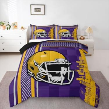 Imagem de Conjunto de edredom para meninos, futebol americano, futebol, esporte, jogo, bola de rúgbi, capacete, solteiro, jogos competitivos, esporte europeu, com enchimento de edredom amarelo e roxo