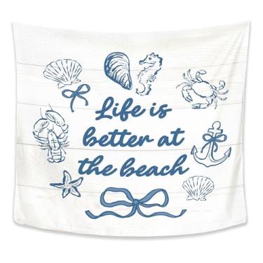 Imagem de Exqcom Tapeçaria de praia litorânea azul, decoração de quarto de neta costeira, Life Is Better at the Beach Tapestries Cobertor de parede para decoração de dormitório de meninas na praia, 127 x 152 cm