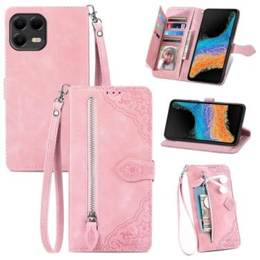 Imagem de DAMONDY Capa carteira Revvl 7 5G para mulheres/homens, T-Mobile Revvl 7 5G, capa flip de couro com suporte para 7 cartões com alça de bolso, à prova de choque, carteira com zíper magnético - rosa