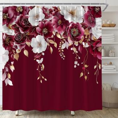 Imagem de Cortina de chuveiro vermelha vinho vintage flor vermelha aquarela planta rosa eucalipto folha primavera verão tecido botânico conjunto de cortina de banheiro com ganchos