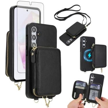 Imagem de Capa de telefone para Samsung Galaxy A15 5G/4G carteira com zíper e protetor de tela, alça transversal 2 em 1 magnético destacável MagSafe bloqueio RFID Flip A 15 G5 15A feminino masculino preto