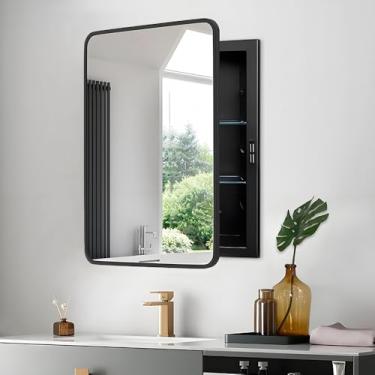 Imagem de MEETDH Espelho de armário de remédios de 56 x 76 cm, armário de banheiro preto com espelho montado na parede ou embutido, espelho de banheiro com armazenamento, estrutura de metal sólido, prateleiras