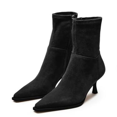 Imagem de JORISTIMO Botas de cano curto femininas com salto gatinho, bico fino, zíper lateral, Camurça preta, 40