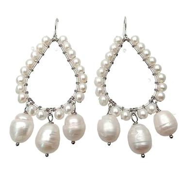 Imagem de Brinco feminino feito à mão, branco, redondo, pérola de água doce, com gancho