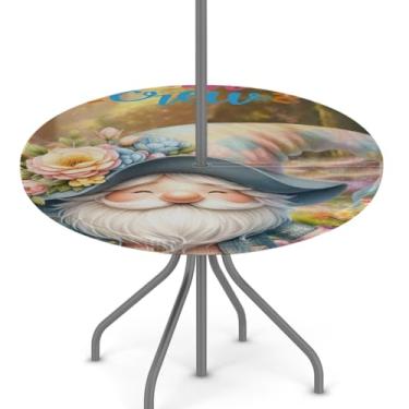 Imagem de hongjinglin Toalha de mesa de Páscoa para uso ao ar livre com orifício para guarda-chuva, toalha de mesa redonda elástica com zíper, impermeável, limpável, para piquenique, festa, pátio, serve para